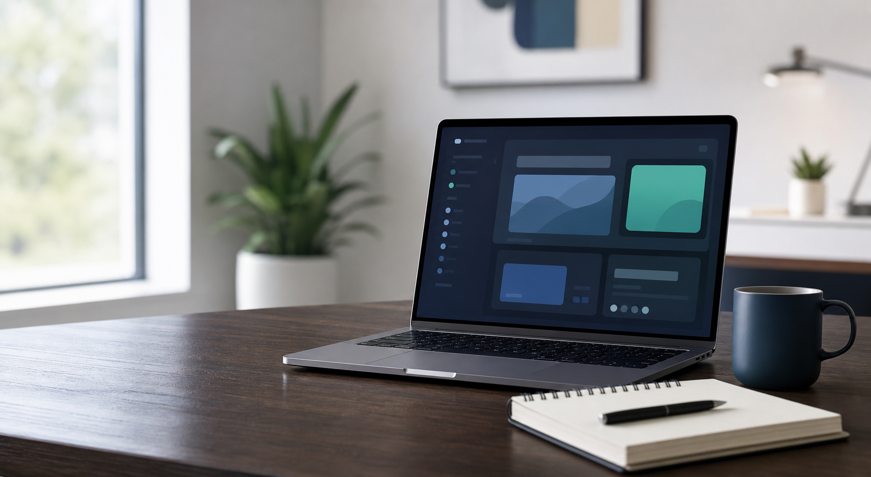 A clean software development workspace with a laptop and planning materials.